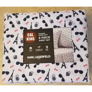 Karl Lagerfeld Paris CAL KING 6pc Sheet Set Soft Black White Eiffel Tower NEW